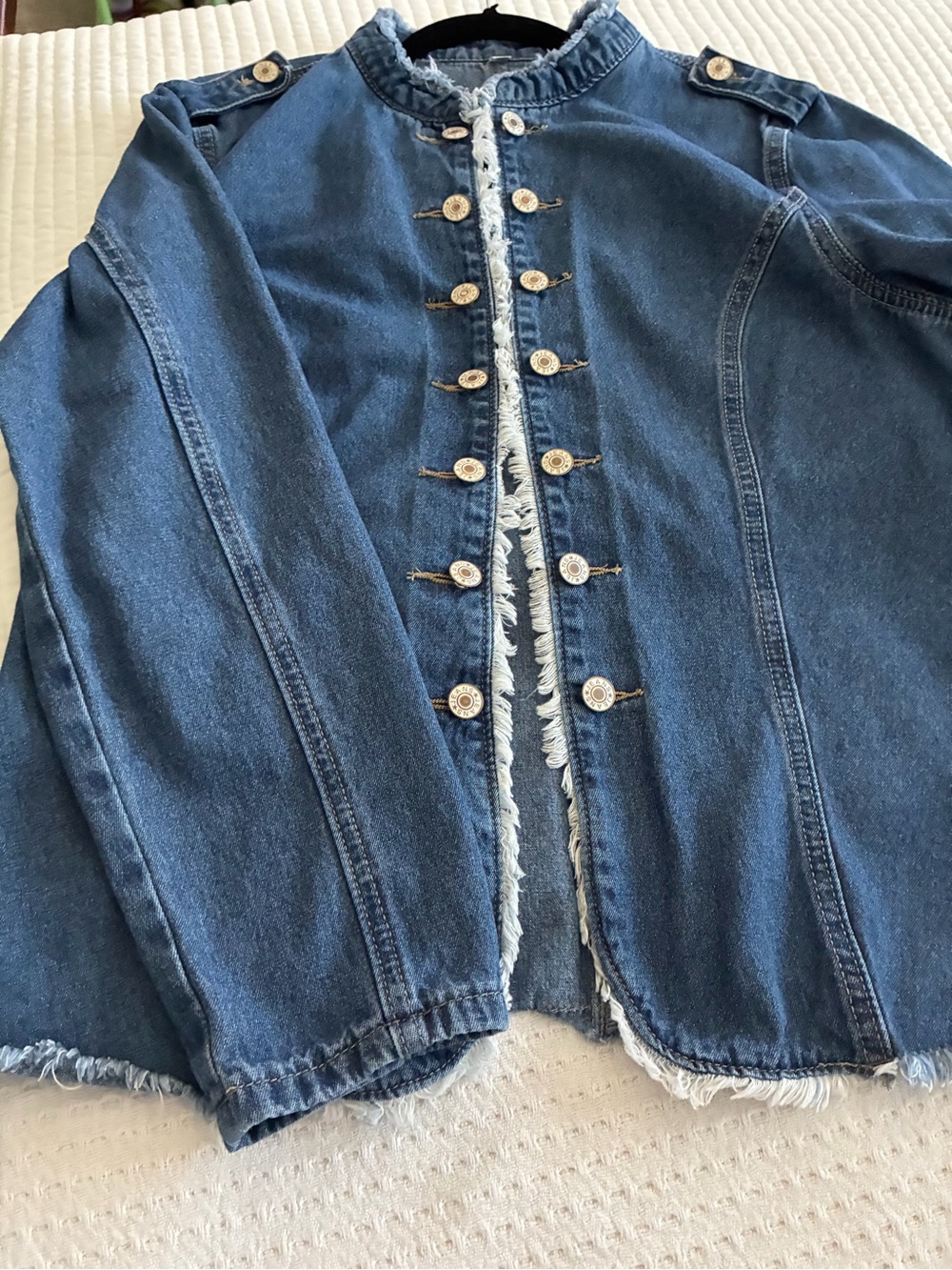 Denim Military-Style Jacket with Frayed Trim & Detail Stitching - Picture 6 of 12